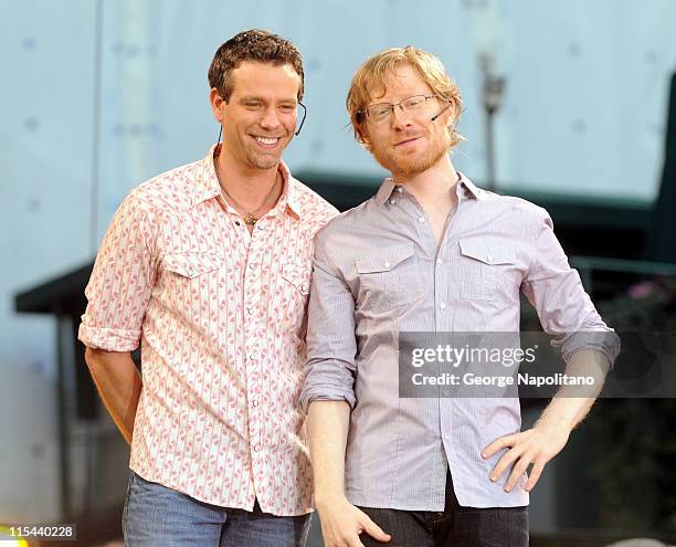 Actors Adam Pascal and Anthony Rapp from the Broadway play "Rent" perform on ABC's "Good Morning America" in Bryant Park on August 1, 2008 in New...