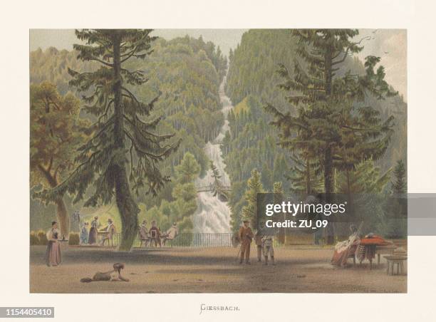 stockillustraties, clipart, cartoons en iconen met giessbach falls, berner oberland, switzerland, chromolithograph, uitgegeven ca. 1872 - chromolithografie