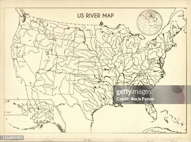 illustrations, cliparts, dessins animés et icônes de carte de rivière des états-unis vintage sur fond de papier rétro - waterfront