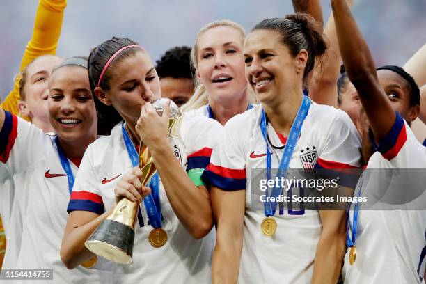 Alex Morgan of USA Women, Carli Lloyd of USA Women celebrates the championship with the trophy during the World Cup Women match between USA v Holland...