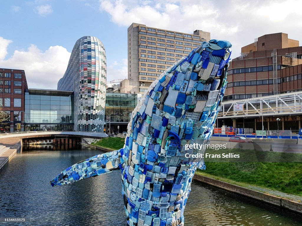 Giant plastic whale in the canals of Utrecht, Netherlands