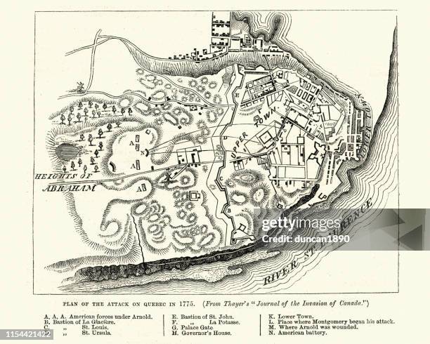 plan of the battle of quebec (1775) - quebec city stock illustrations