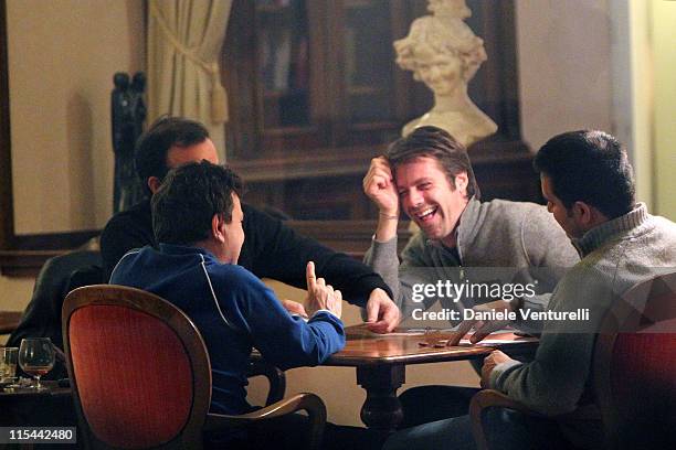 Enzo Ghinazzi alias Pupo and Emanuele Filiberto di Savoia play poker at the hotel Royal on February 15, 2010 in San Remo, Italy.