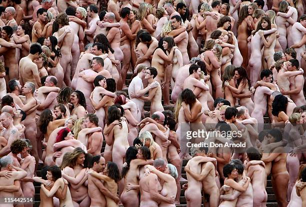 Image contains nudity.) Nude members of the public take part in "Mardi Gras: The Base", an art installation by artist Spencer Tunick, at the Sydney...
