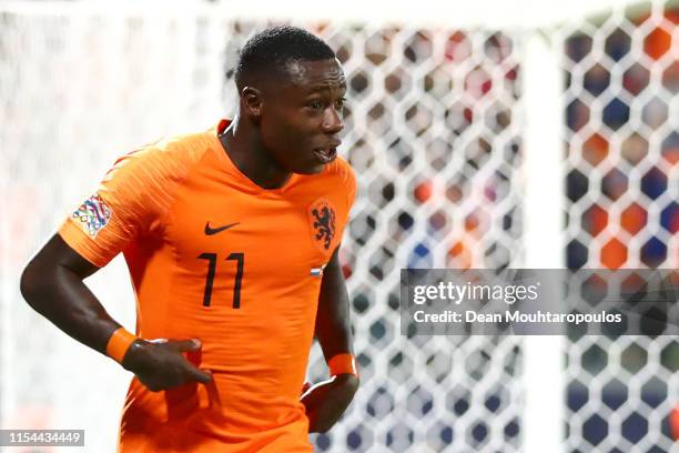 Quincy Promes of The Netherlands celebrates scoring his teams third goal of the game during the UEFA Nations League Semi-Final match between the...