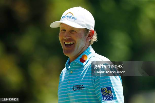 Brandt Snedeker of the United States reacts on the seventh hole during the second round of the RBC Canadian Open at Hamilton Golf and Country Club on...
