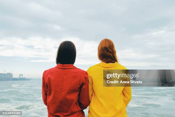 young brunette woman and red-haired woman on the background of a cloudy sky, the sea with ice and hydroelectric station. apocalypse. - nowosibirsk stock-fotos und bilder