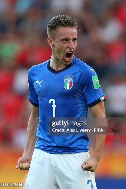 Davide Frattesi of Italy celebrates after scoring his team's fourth goal during the 2019 FIFA U-20 World Cup Quarter Final match between Italy and...