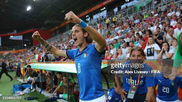 Andrea Colpani of Italy celebrates at the full time whistle during the 2019 FIFA U-20 World Cup Quarter Final match between Italy and Mali at Tychy...