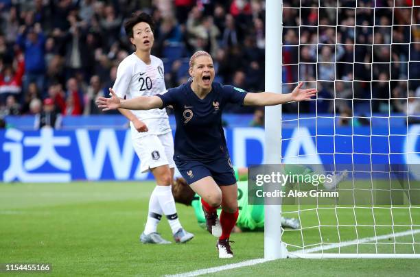 Eugenie Le Sommer of France celebrates after scoring her team's first goal during the 2019 FIFA Women's World Cup France group A match between France...