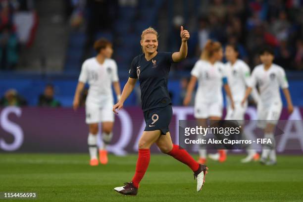 Eugenie Le Sommer of France celebrates after scoring her team's first goal during the 2019 FIFA Women's World Cup France group A match between France...