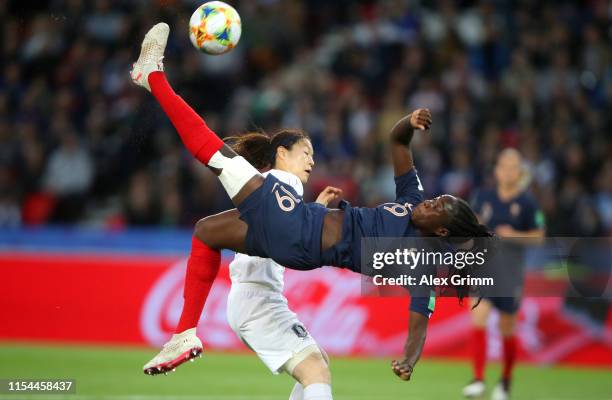 Griedge Mbock Bathy of France shoots towards goal during the 2019 FIFA Women's World Cup France group A match between France and Korea Republic at...