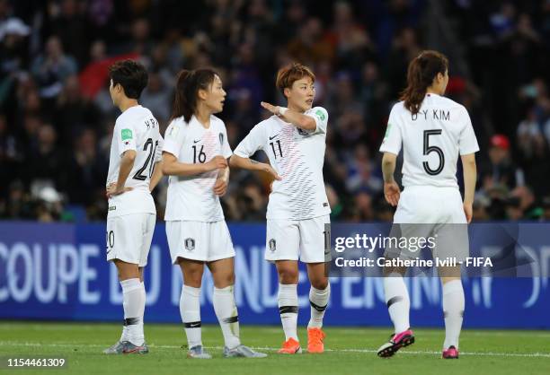 Players of Korea look dejected during the 2019 FIFA Women's World Cup France group A match between France and Korea Republic at Parc des Princes on...
