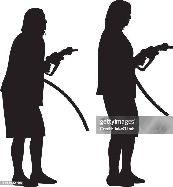 woman holding gas pump silhouettes - woman car stock illustrations