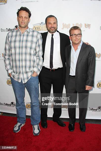 Actor Vince Vaughn, Ahmed Ahmed and Peter Billingsley attend the premiere of "Just Like Us" held at the Harmony Gold Theater on June 6, 2011 in Los...