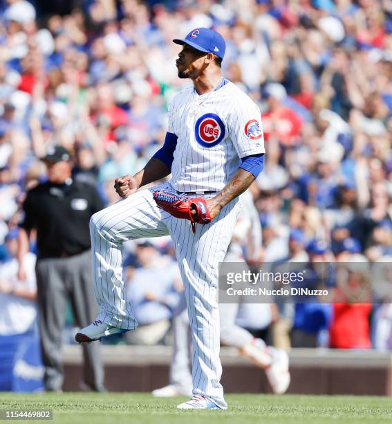 Pedro Strop of the Chicago Cubs reacts after the final out of his team's 3-1 win over the St. Louis Cardinals at Wrigley Field on June 07, 2019 in...