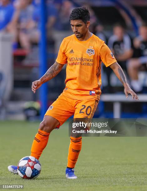 DeLaGarza of Houston Dynamo dribbles the ball upfield during the game against the FC Cincinnati at Nippert Stadium on July 6, 2019 in Cincinnati,...