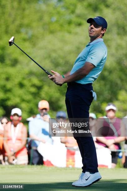 Rory McIlroy of Northern Ireland reacts after a putt on the 15th green during the second round of the RBC Canadian Open at Hamilton Golf and Country...