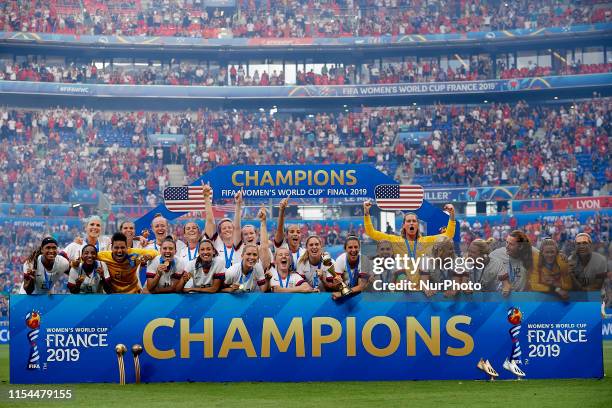 Players poses after winning 2019 FIFA Women's World Cup France Final match between The United State of America and The Netherlands at Stade de Lyon...