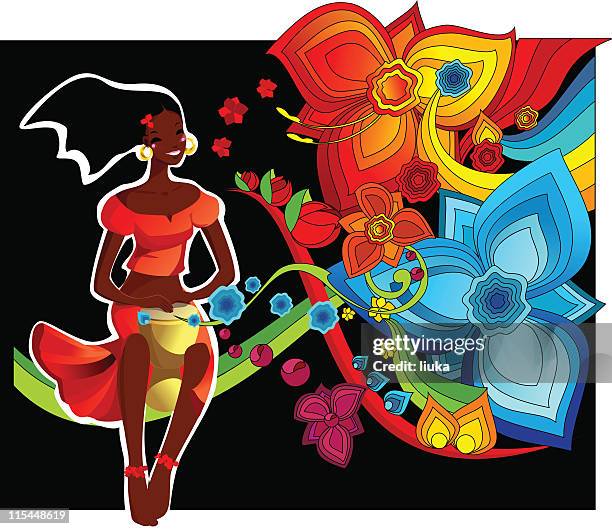 cartoon graphic of flowers and a woman playing drum - african girls on beach stock illustrations