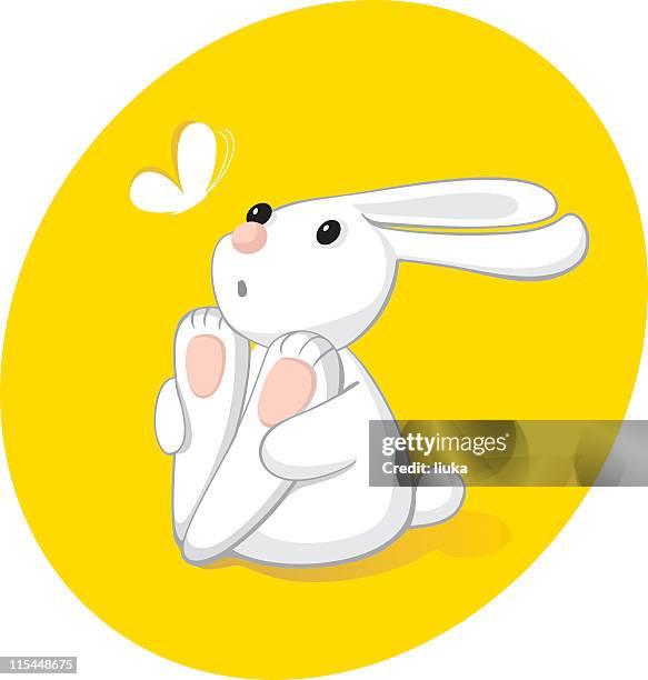 little cute bunny afraid of a butterfly - jackrabbit stock illustrations