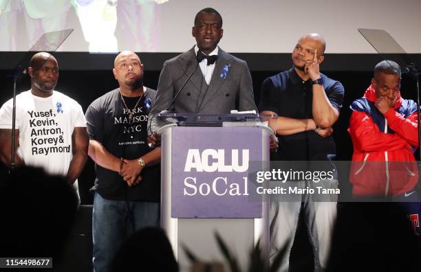 Honorees Antron McCray, Raymond Santana, Yusef Salaam, Kevin Richardson and Korey Wise appear on stage at the American Civil Liberties Union of...