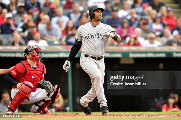 Aaron Hicks of the New York Yankees hits a solo homer third inning against the Cleveland Indians at Progressive Field on June 07, 2019 in Cleveland,...