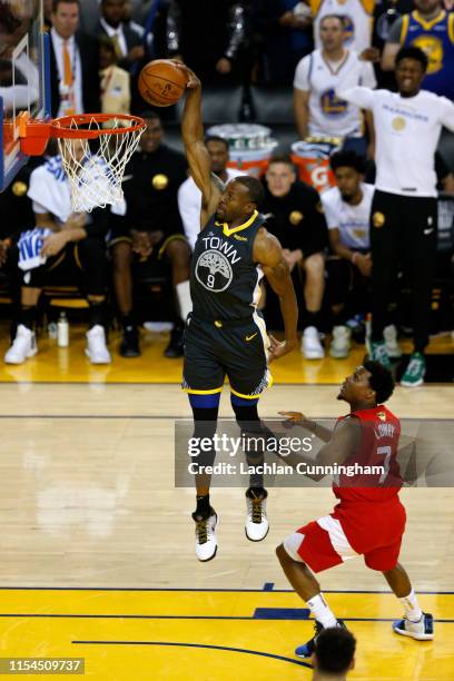 Andre Iguodala of the Golden State Warriors dunks the ball against the Toronto Raptors during Game Four of the 2019 NBA Finals at ORACLE Arena on...