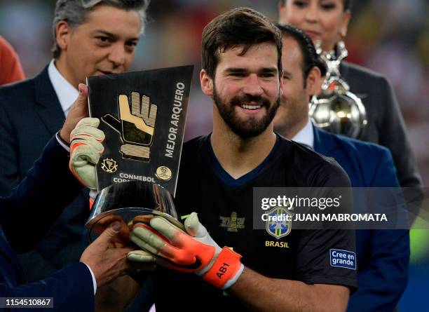 Brazil's goalkeeper Alisson poses with his trophy for Best Goalkeeper of the Copa America after defeating Peru in the final match of the football...