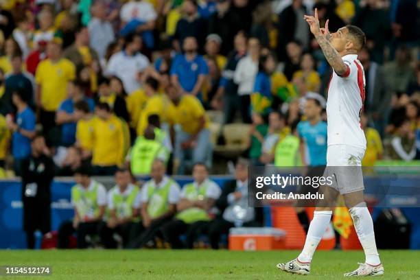 Paolo Guerrero the Peru celebrates after scoring during of the Conmebol America Cup Brazil 2019 match between Brazil and Peru at Maracana Stadium on...