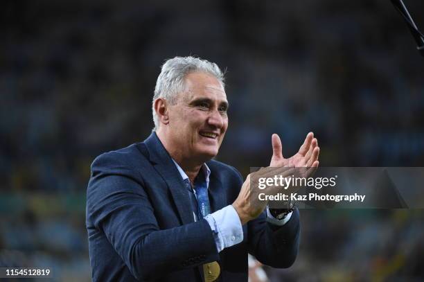 Adenor Bachi, manager of Brasil cerebrates the win during the Copa America Brazil 2019 Final match between Brazil and Peru at Maracana Stadium on...