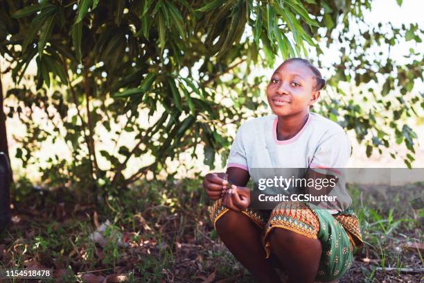 portret van een afrikaanse vrouw zittend onder een boom - zambia stockfoto's en -beelden