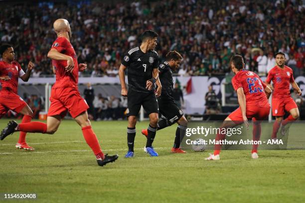 Jonathan dos Santos of Mexico scores a goal to make it 1-0 during the 2019 CONCACAF Gold Cup Final between Mexico and United States of America at...