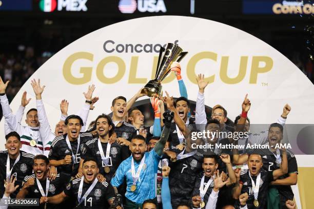 Mexico celebrates with the CONCAFA trophy after beating USA 1-0 the 2019 CONCACAF Gold Cup Final between Mexico and United States of America at...