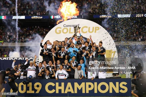 Mexico celebrates with the CONCAFA trophy after beating USA 1-0 the 2019 CONCACAF Gold Cup Final between Mexico and United States of America at...