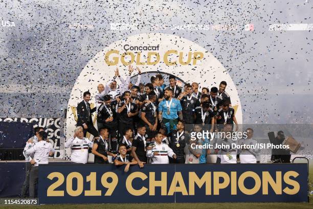 Mexico celebrates winning the 2019 CONCACAF Gold Cup finals between the United States and Mexico at Soldier Field on July 07, 2019 in Chicago,...