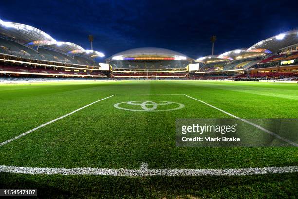 General view from northern goal square with main tower lights off before the round 12 AFL match between the Adelaide Crows and the Greater Western...