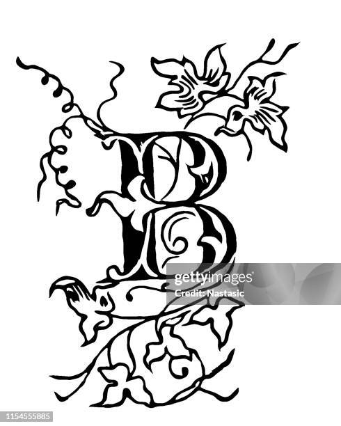 vintage drawing of decorative capital letter b with floral ornament around - book embellishment stock illustrations