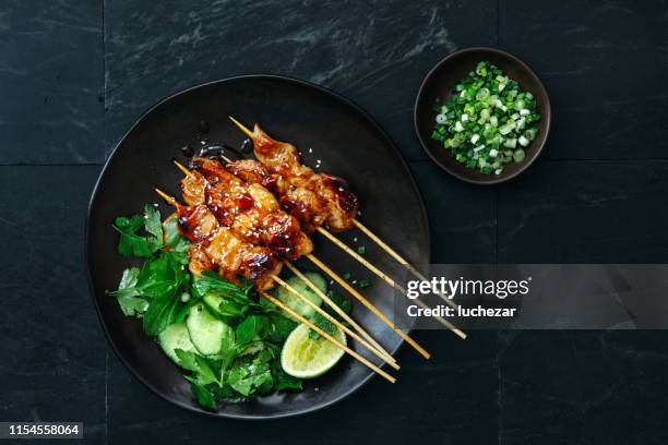 brochetas de yakitori de pollo japonesas - pinchito fotografías e imágenes de stock