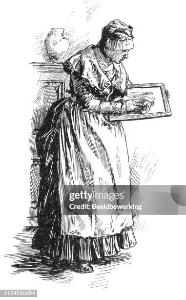 she wipes off her writing slate - french maid outfit stock illustrations