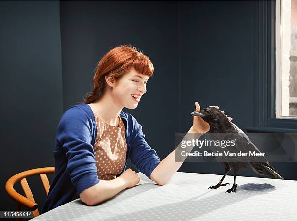 woman stroking crow standing on table. - white crow stock pictures, royalty-free photos & images