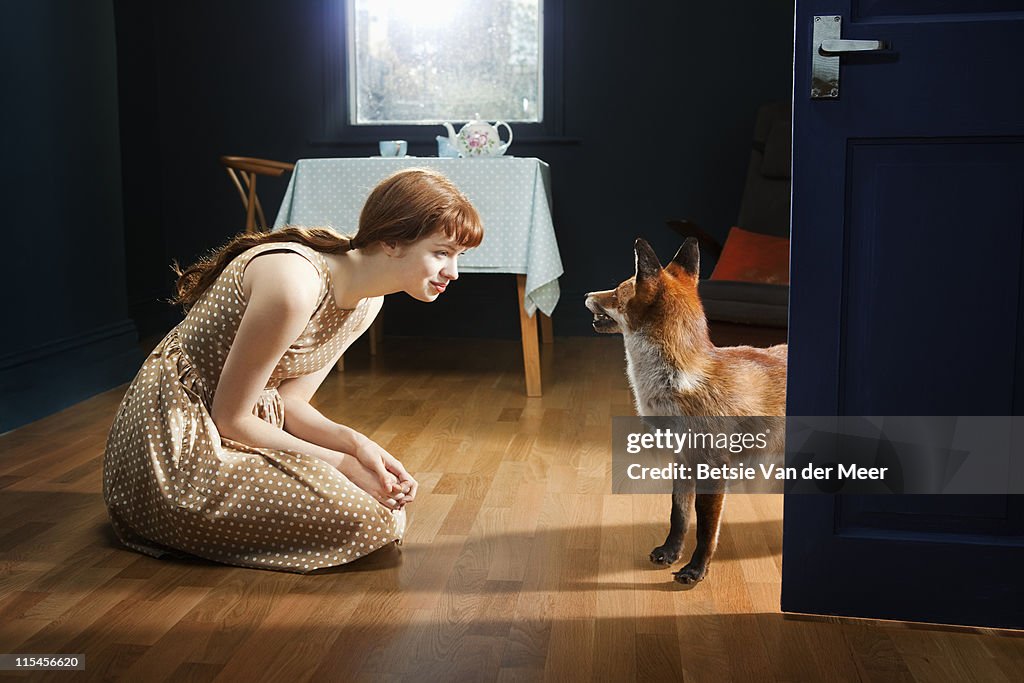 Woman looking and talking to fox in livingroom.