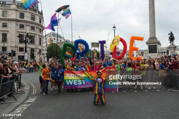 Westminster City Councli group takes part in the Pride in London parade on 06 July, 2019 in London, England. The festival, which this year celebrates...
