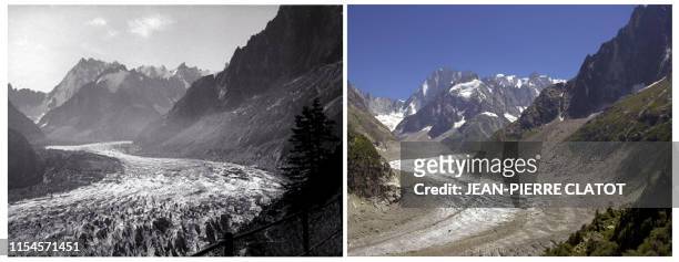 Montage de deux vues du plus grand glacier français la Mer de Glace, réalisée dans les années quarante et le 19 juillet 2003 à Chamonix. La Mer de...