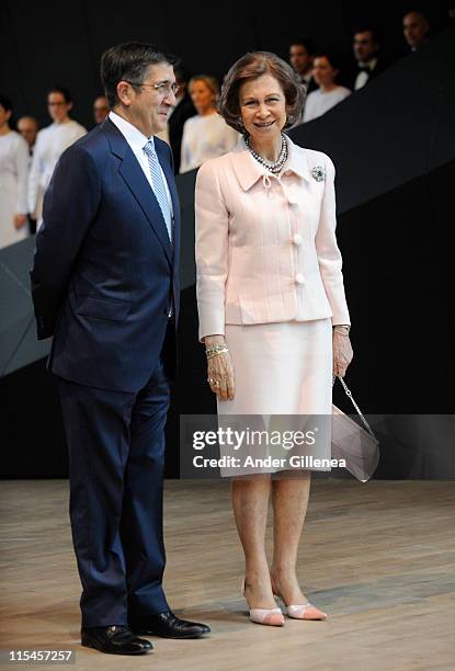 Queen Sofia of Spain and Basque autonomous Goverment president Patxi Lopez attend the opening of the 'Balenciaga' Museum on June 7, 2011 in Getaria,...