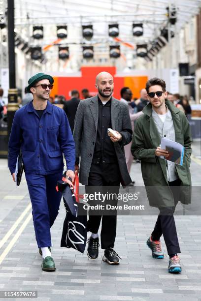 Finlay Renwick, Guest and Charlie Teasdale attend St James's LFWM shows on June 08, 2019 in London, England.