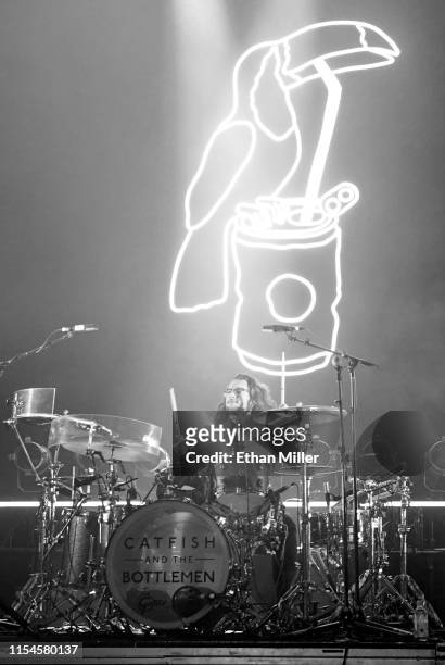 Drummer Robert "Bob" Hall of Catfish and the Bottlemen performs during X107.5's "Our Big Concert" at The Chelsea at The Cosmopolitan of Las Vegas on...