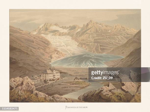 rhône glacier, valais canton, switzerland, chromolithograph, published ca. 1872 - french landscape stock illustrations