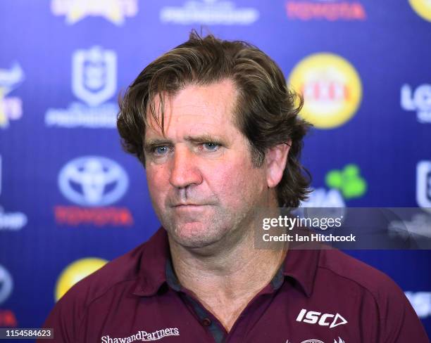 Manly coach Des Hasler speaks at the post match media conference at the end of during the round 13 NRL match between the North Queensland Cowboys and...