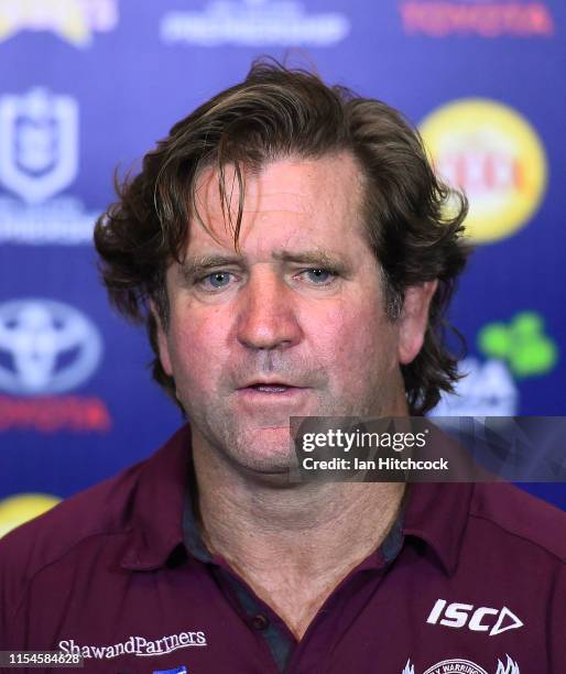 Manly coach Des Hasler speaks at the post match media conference at the end of during the round 13 NRL match between the North Queensland Cowboys and...